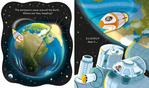 Illustrated book pages showing astronauts zooming around Earth with space station and rocket.