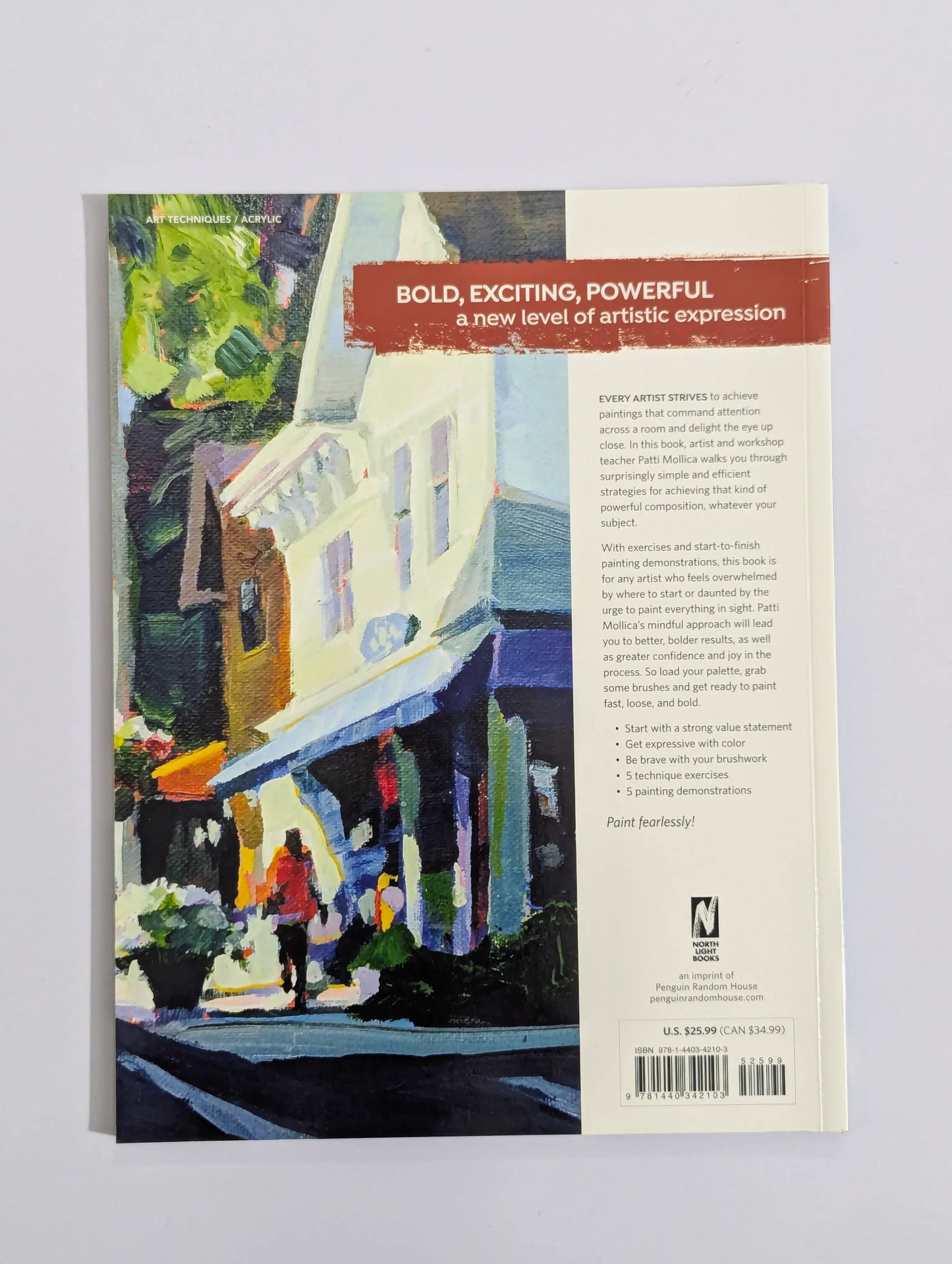 The back cover of a book titled 'Bold, Exciting, Powerful: A New Level of Artistic Expression' by Paul S. Brown, featuring an impressionistic painting of a street scene on the left and product text on the right, set against a neutral light gray background.