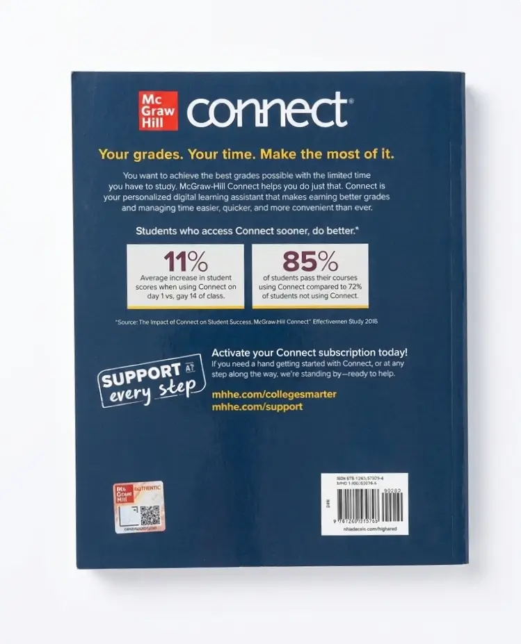 Back cover of a McGraw Hill Connect educational subscription guide or booklet, featuring a dark blue background with white text, promotional callouts, a QR code, and a barcode.