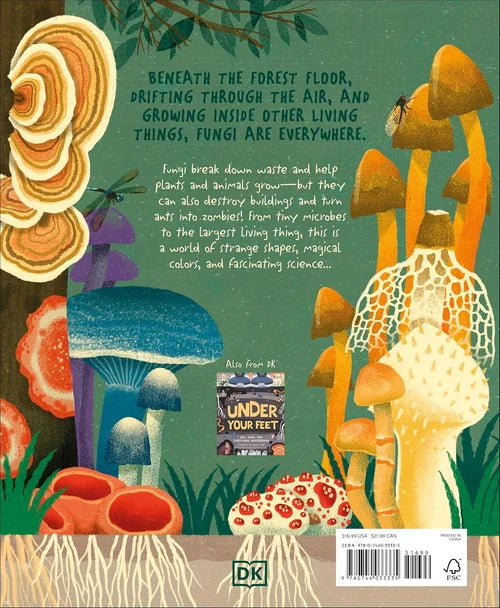 Illustrated book back cover with colorful mushrooms and text about fungi on a green background.