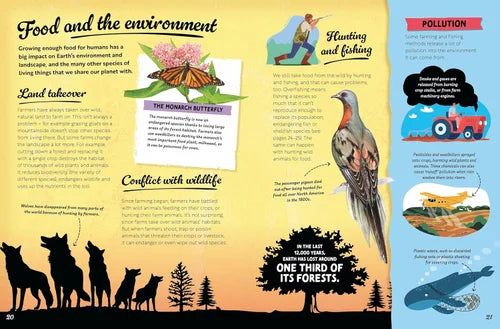 Illustrated book page about food, environment, hunting, fishing, land takeover, conflict with wildlife, and pollution.