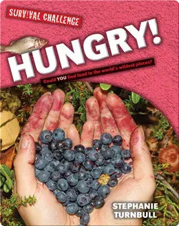Book cover of 'Hungry!' with hands holding blueberries against a natural background