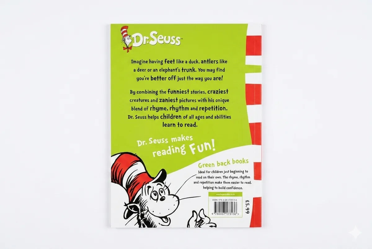 Back cover of a Dr. Seuss book with green background and text.