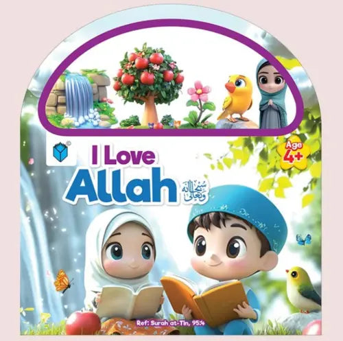 Book cover titled 'I Love Allah' with cartoon characters and nature elements on a pink background
