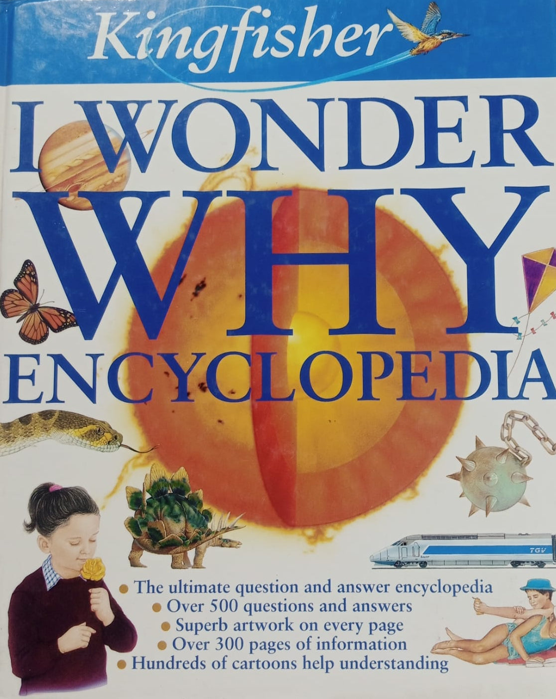 Cover of the 'I Wonder Why' Encyclopedia by Kingfisher, featuring an illustration of a child reading with a butterfly and the Earth in the background.