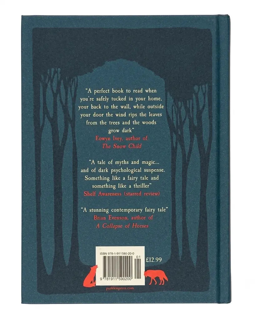The back cover of the book 'The Snow Child' by Emma Lee, featuring a dark teal background with black silhouettes of trees, white and red text, and a barcode at the bottom.