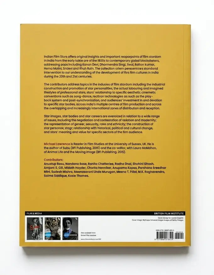 The back cover of a book, photographed from above on a white background. The cover is a warm mustard yellow/gold color with black text, a contributor list, a film still, and a barcode.