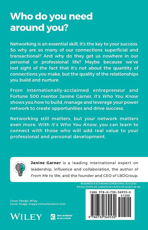 Book back cover with text about networking and relationships, featuring the Wiley logo.