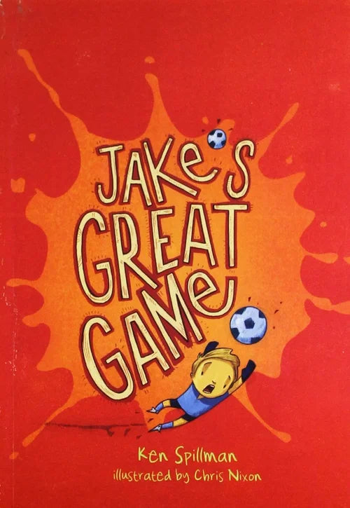 Book cover of 'Jake's Great Game' with a red background and soccer-themed design.