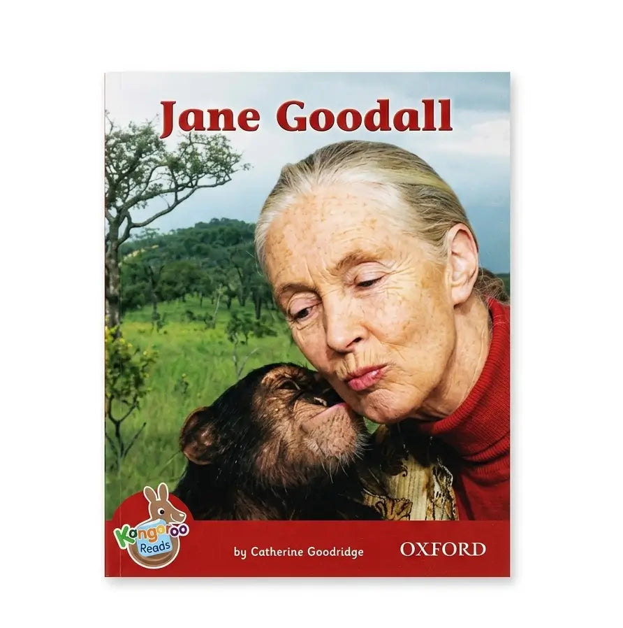 Children's book cover titled 'Jane Goodall' with a photo of Jane Goodall and a chimpanzee on the cover, published by Oxford. The book is shown against a plain white background.