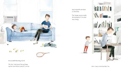 Illustration of a family in a living room with children playing and adults working.
