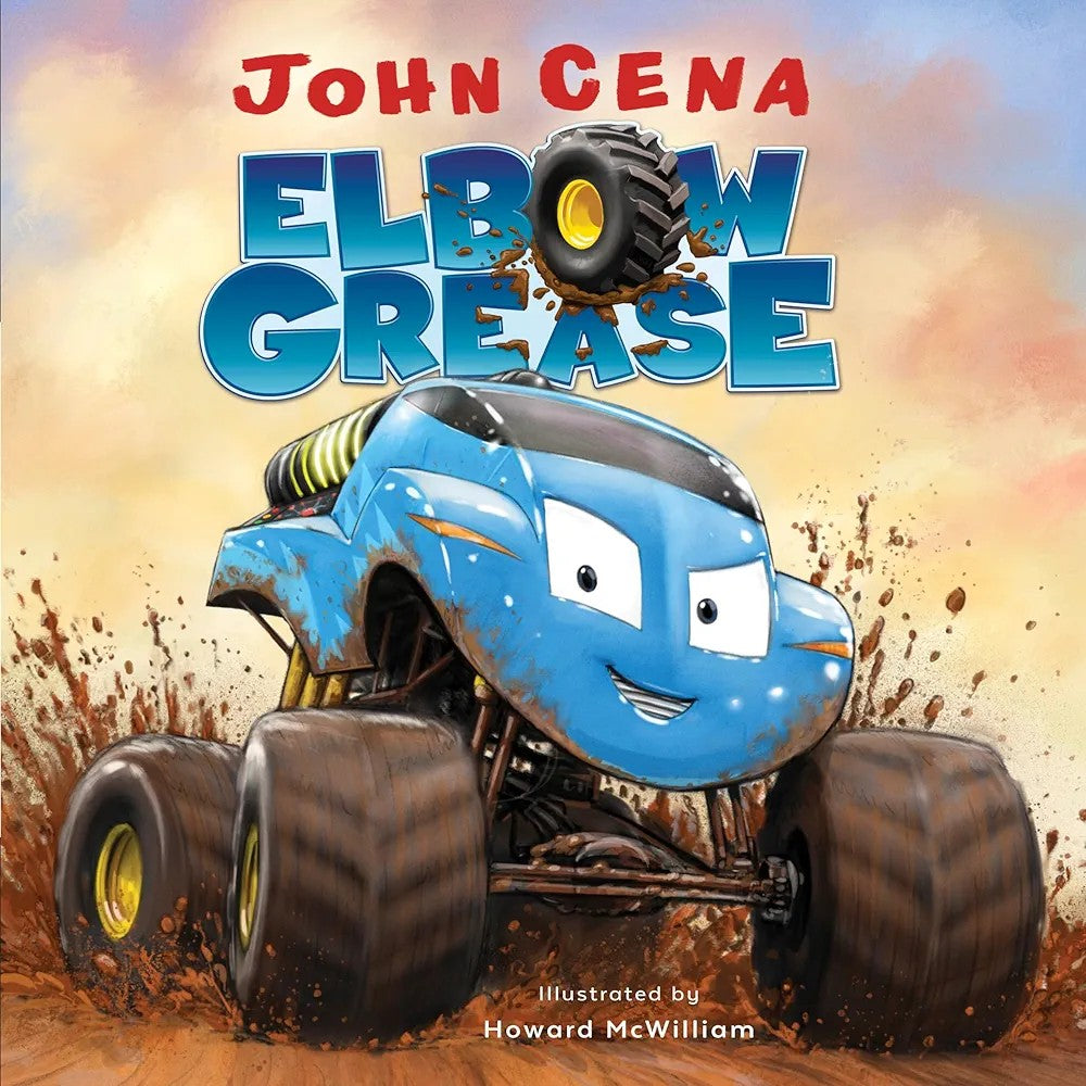 Cover of the board book 'John Cena Elbow Grease' featuring a illustrated blue monster truck with a happy face.