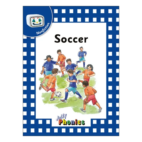 Book cover of 'Soccer' with children playing soccer and a blue checkered border.