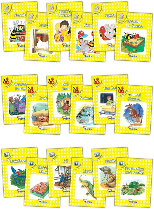 Set of children's books with colorful covers featuring various animals and objects.