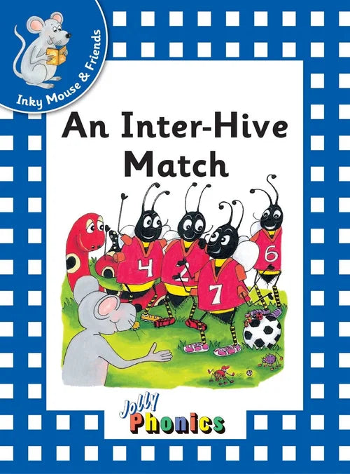 Book cover of 'An Inter-Hive Match' featuring cartoon bees and a mouse, with Jolly Phonics branding.