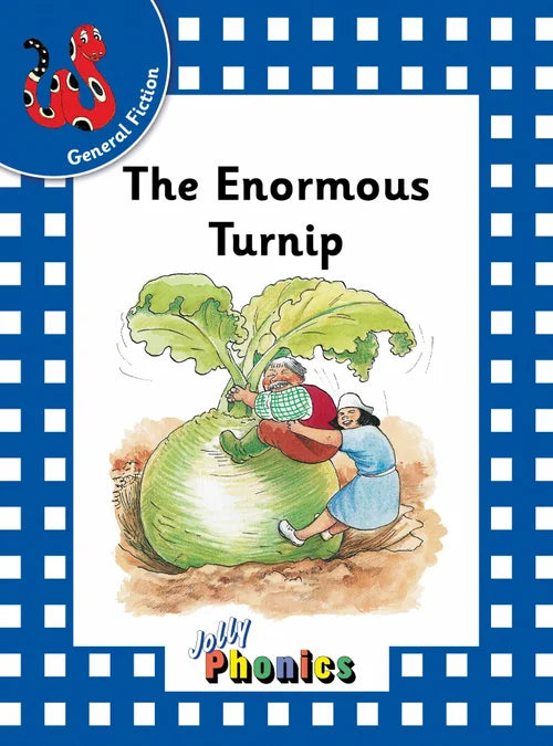 Book cover of 'The Enormous Turnip' with illustration of a large turnip and two characters on a blue checkered background.