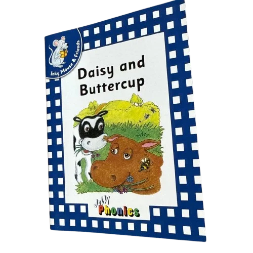 Book cover of 'Daisy and Buttercup' with cartoon cow and duck on a blue checkered background