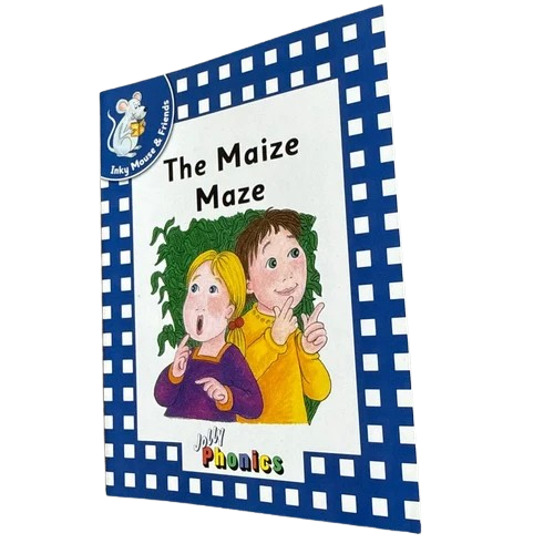 Book cover of 'The Maize Maze' with two children and a blue checkered border.