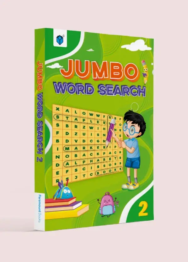 Jumbo Word Search 2 book cover by Pearson India, featuring a bright green cover with a cartoon boy solving a word search grid.