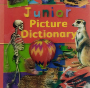 A preloved 'Junior Picture Dictionary' book with a colorful cover featuring illustrations of a skeleton, a hot air balloon, an animal, and a robot.