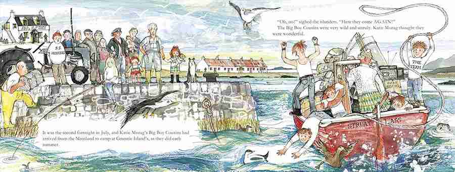Illustrated scene with people by a dock and on a boat, with text overlay.