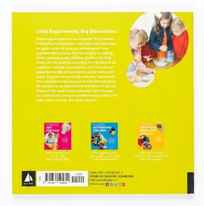 Back cover of a book with text and images of children conducting experiments on a yellow background.