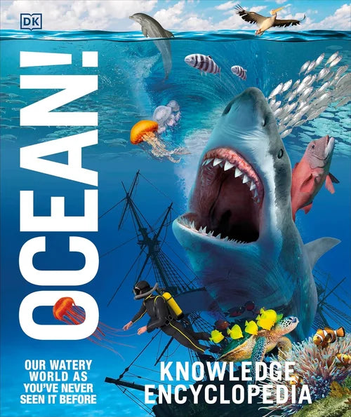 Book cover of 'OCEAN!' knowledge encyclopedia with a shark, diver, and underwater scene.