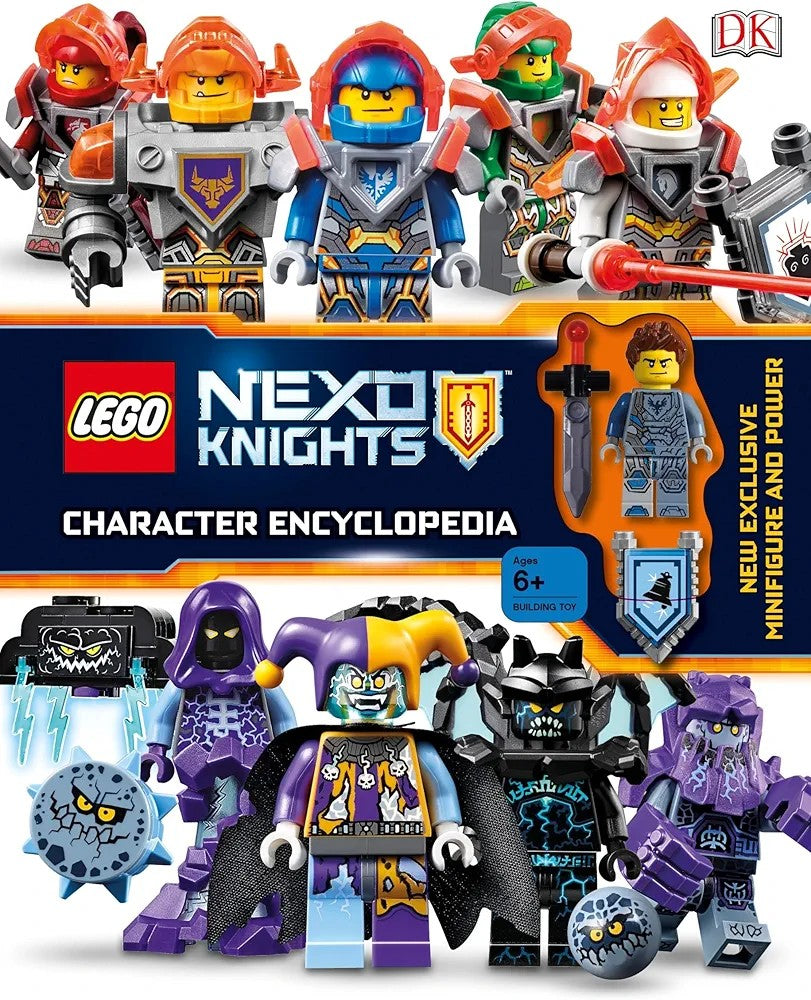 Cover of the LEGO NEXO KNIGHTS Character Encyclopedia book, featuring illustrations of the main characters and minifigures from the series.