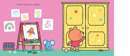 Illustration of a bear looking into a yellow wardrobe with a pink background and children's drawings.