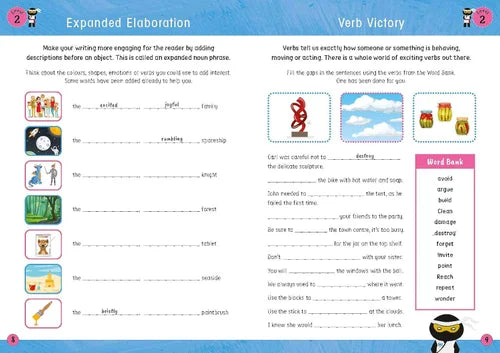 Educational worksheet on verb usage with various images and text prompts.