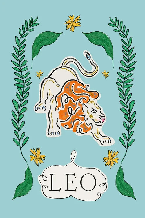 Leo zodiac sign illustration with decorative elements on a light blue background