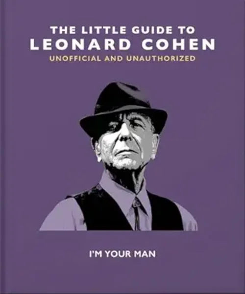 Book cover of 'The Little Guide to Leonard Cohen' with a portrait of Leonard Cohen on a purple background.