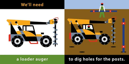 Illustration of a loader auger with text explaining its use for digging holes.