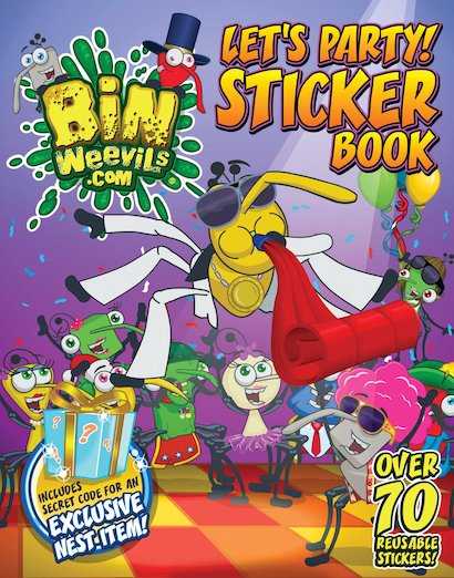 Sticker book cover featuring cartoon characters with colorful design and text 'Let's Party! Sticker Book'.