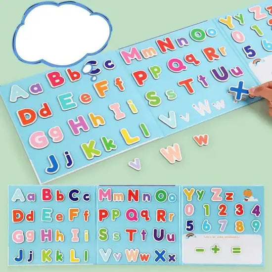 Colorful alphabet letter magnets on a magnetic board with a hand interacting with them.