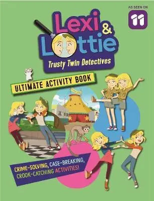 Activity book cover featuring Lexi and Lottie, Trusty Twin Detectives, with colorful illustrations on a green background.