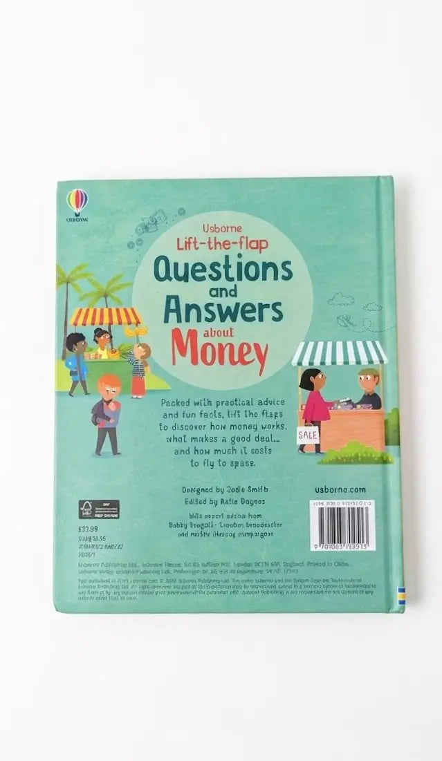 Usborne Lift-the-Flip Questions and Answers about Money book shown from the back, featuring a light teal cover with colorful cartoon illustrations and a barcode.