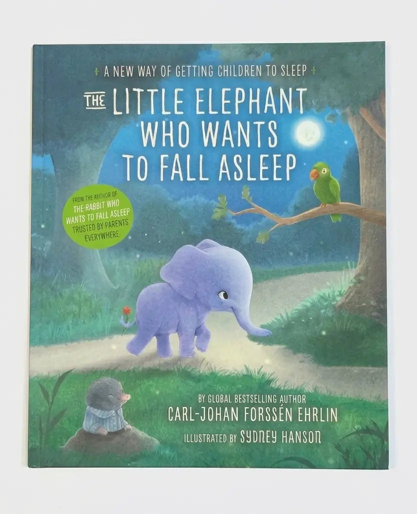 Book cover of 'The Little Elephant Who Wants to Fall Asleep' with a colorful illustration of an elephant and a bird.