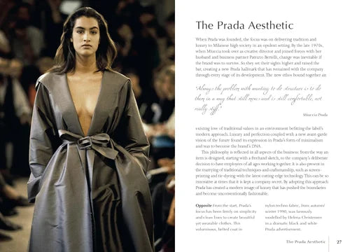 Model wearing a Prada dress with text about the brand's aesthetic on the right.