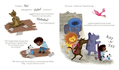 Illustrated book page with characters and text, featuring a conductor, lion, and other animals.