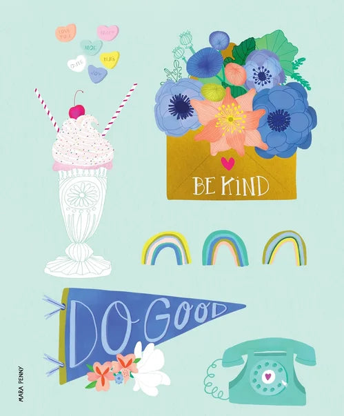 Illustrations of a ice cream sundae, flowers with 'Be Kind' text, rainbows, a 'Do Good' banner, and a vintage phone on a light blue background.