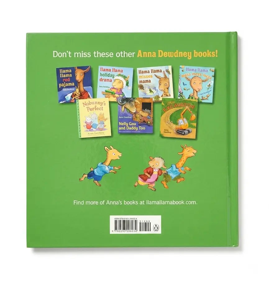 The back cover of a green children's book featuring illustrations of llama characters and several smaller book covers, with text promoting other Anna Deudney books.