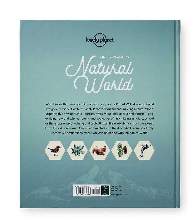 The back cover of a Lonely Planet Natural World travel guide book, featuring a teal background with white text, small nature illustrations, and a barcode at the bottom.