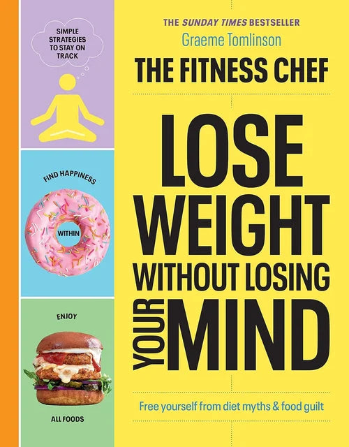 Book cover of 'The Fitness Chef: Lose Weight Without Losing Your Mind' with colorful graphics and text.