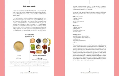 Page from a book or document with text and images of food items on a pink background