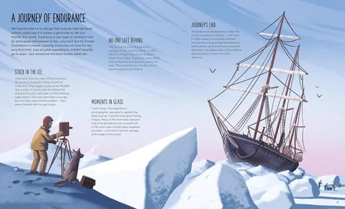 Illustration of a person with a camera on ice and a ship stranded in the background