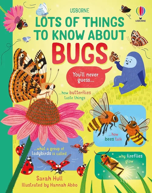 Book cover of 'Lots of Things to Know About Bugs' with illustrations of insects and a colorful background.