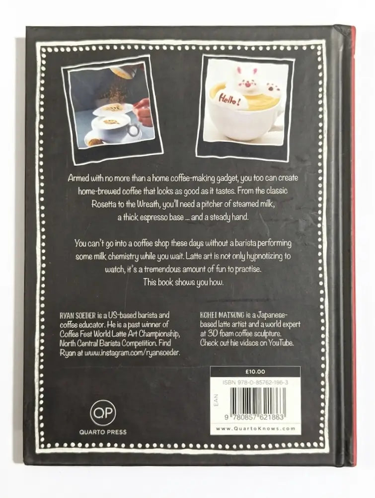 Back cover of a book with text and images related to coffee, featuring Quarto Press branding.