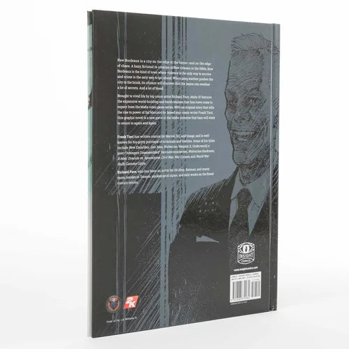 Back cover of a book with a stylized illustration of a man and text on a white background