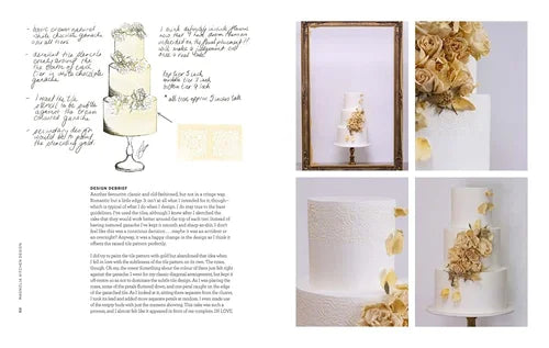 Magazine layout with wedding cake and floral arrangements on a white background